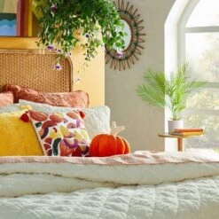 18"x18" Square Cotton Embroidered Harvest Accent Pillow White/Red/Mustard - Opalhouse™ Designed With Jungalow™